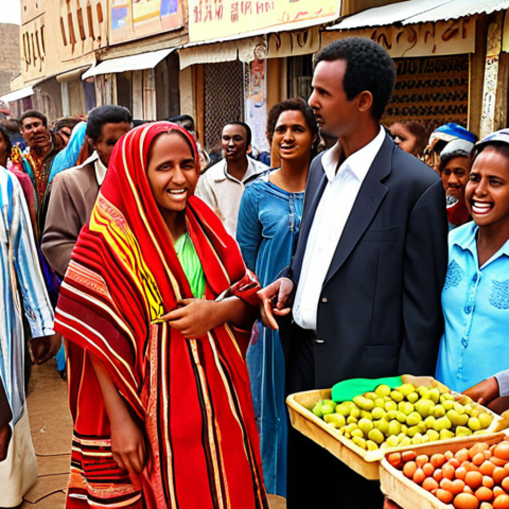 **Image Prompt for Tigrinya**: "A vibrant market scene in Eritrea where people are passionately speaking Tigrinya. Capture the rich sounds and melodic structure of the language, with traditional Eritrean cultural elements visible, such as clothing, crafts, and expressions of pride in their heritage."