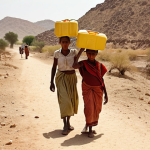 **

A parched landscape in Eritrea. A group of women and children walk along a dusty path, carrying yellow jerrycans. In the background, a dried-up riverbed stretches into the horizon under a harsh sun. Focus on the hardship and the physical burden of carrying water. Style: Documentary photography, realistic.

**