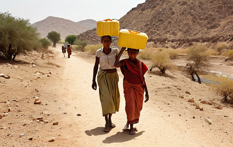 **

A parched landscape in Eritrea. A group of women and children walk along a dusty path, carrying yellow jerrycans. In the background, a dried-up riverbed stretches into the horizon under a harsh sun. Focus on the hardship and the physical burden of carrying water. Style: Documentary photography, realistic.

**