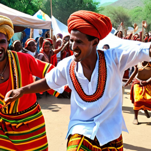 Home 8 A vibrant and energetic scene of Eritrean Guayla dance at a bustling community festival. Joyful dancers, both men and women, are captured in dynamic motion, their shoulders rapidly swaying, dressed in a riot of colorful traditional Zuria, Habesha Kemis, and patterned men's attire. The fabrics flow with their movements, radiating collective euphoria. In the background, a Koboro drum is prominently featured, setting a pulsating rhythm, alongside a Krar player. The atmosphere is charged with infectious happiness, unity, and celebration. Photorealistic, wide shot, dynamic lighting.