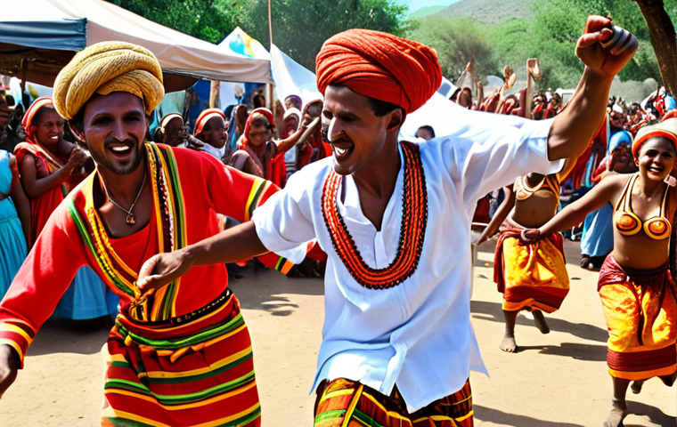 A vibrant and energetic scene of Eritrean Guayla dance at a bustling community festival. Joyful dancers, both men and women, are captured in dynamic motion, their shoulders rapidly swaying, dressed in a riot of colorful traditional Zuria, Habesha Kemis, and patterned men's attire. The fabrics flow with their movements, radiating collective euphoria. In the background, a Koboro drum is prominently featured, setting a pulsating rhythm, alongside a Krar player. The atmosphere is charged with infectious happiness, unity, and celebration. Photorealistic, wide shot, dynamic lighting.
